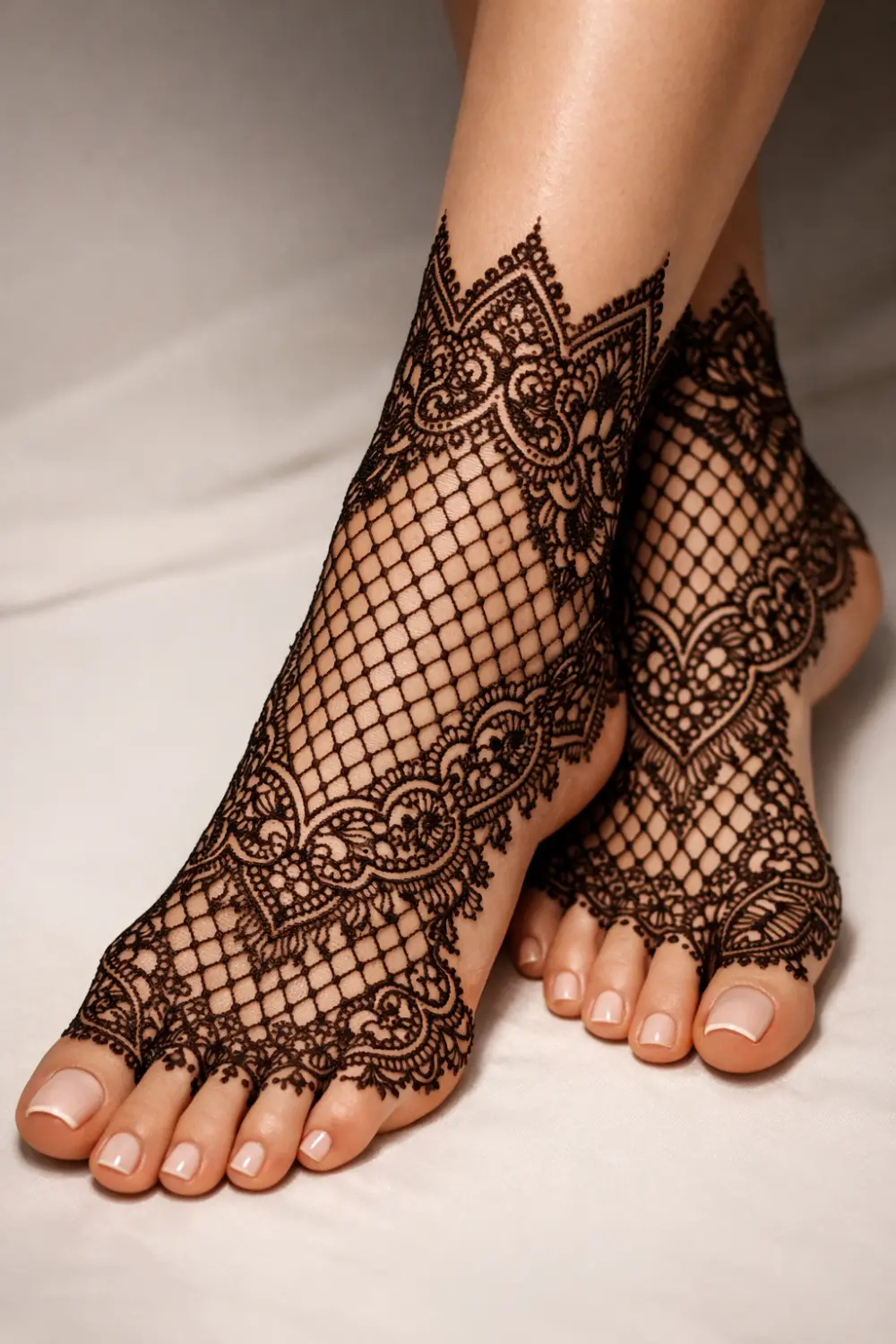 Lace net mehndi pattern covering the top of the foot