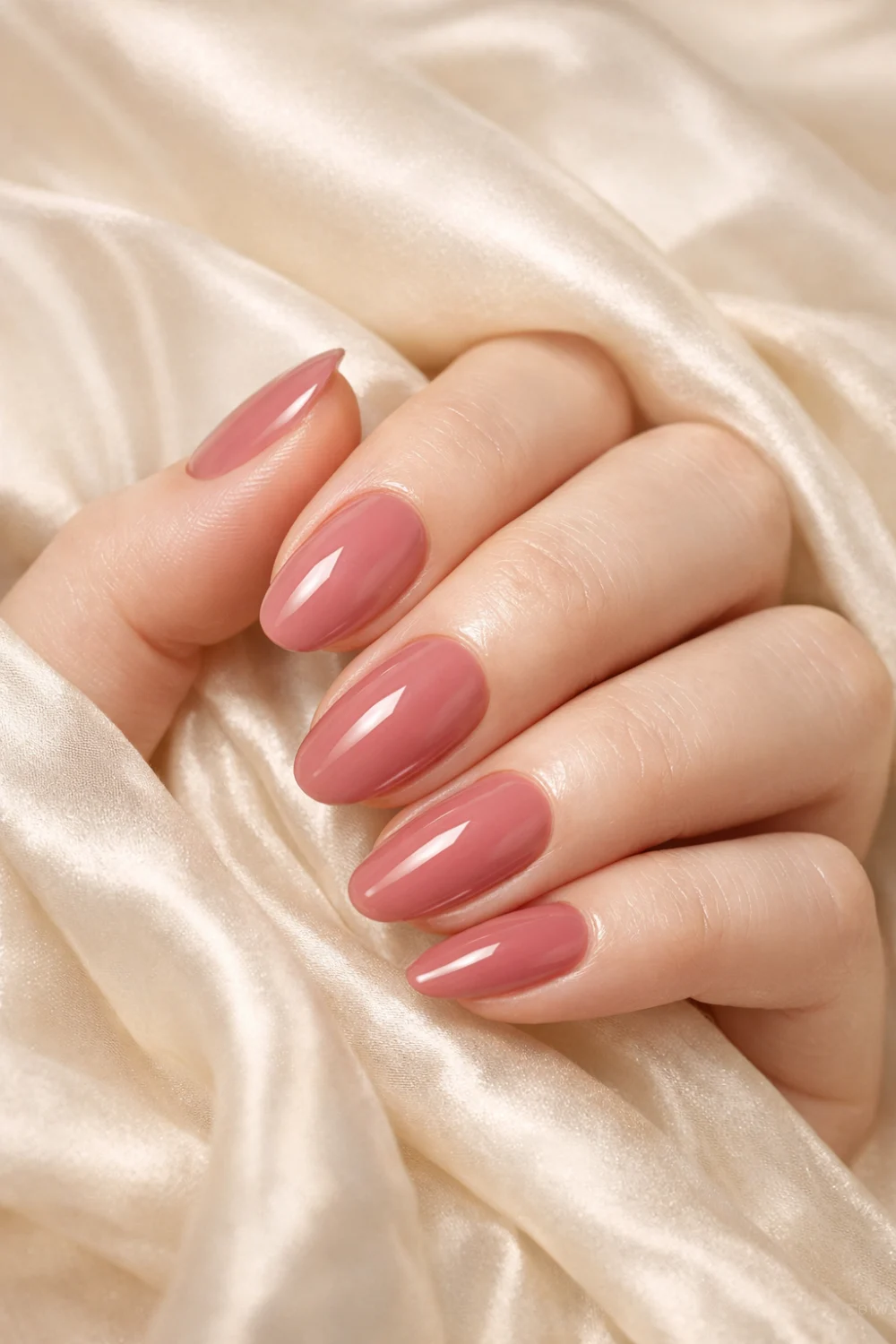 Soft rose pink almond nails with glossy finish placed on silk fabric, representing feminine old money manicure elegance