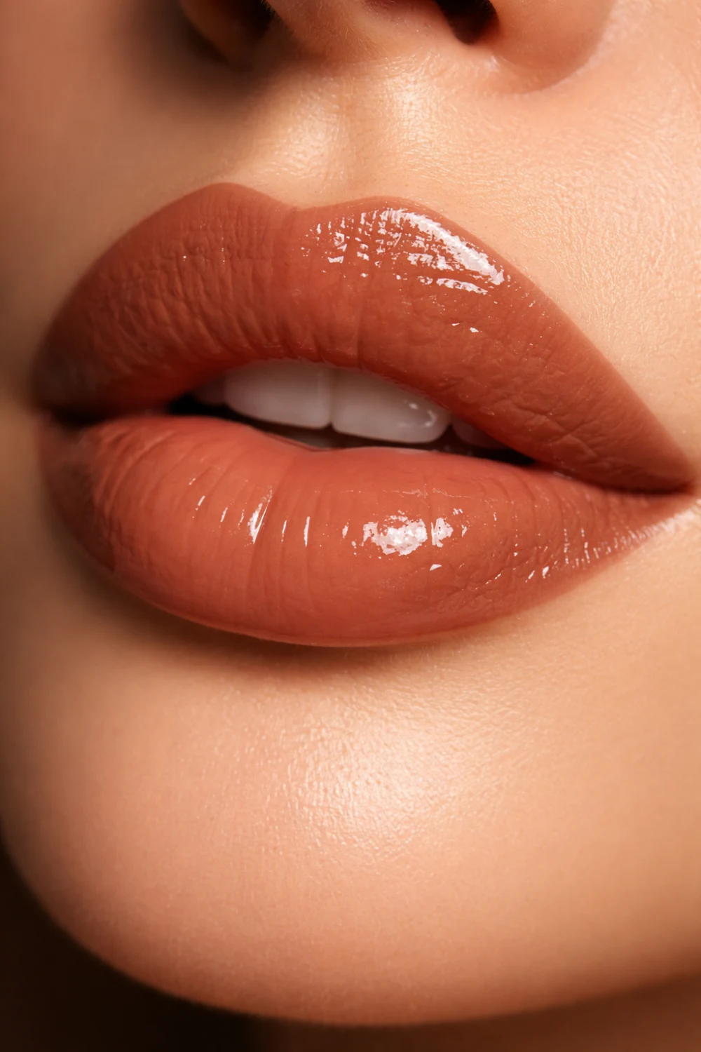 Caramel brown lipstick shade on glossy lips trendy makeup look