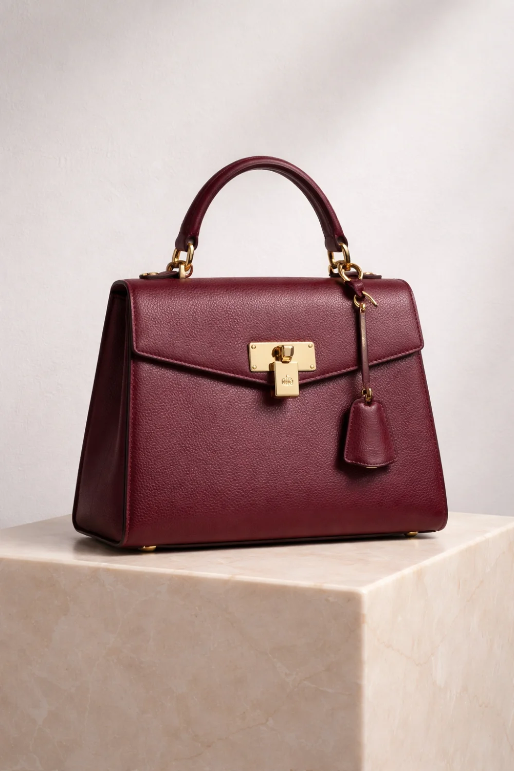 Elegant burgundy leather handbag with gold hardware
