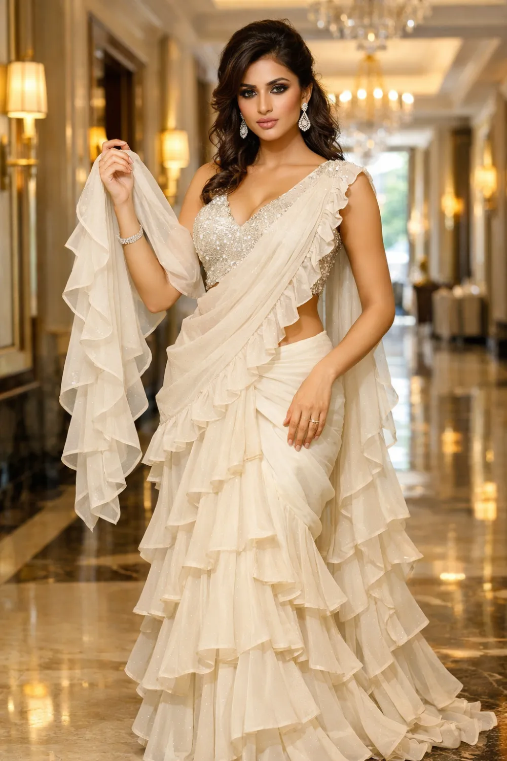 Ruffle saree with layered drape modern designer Indian party outfit