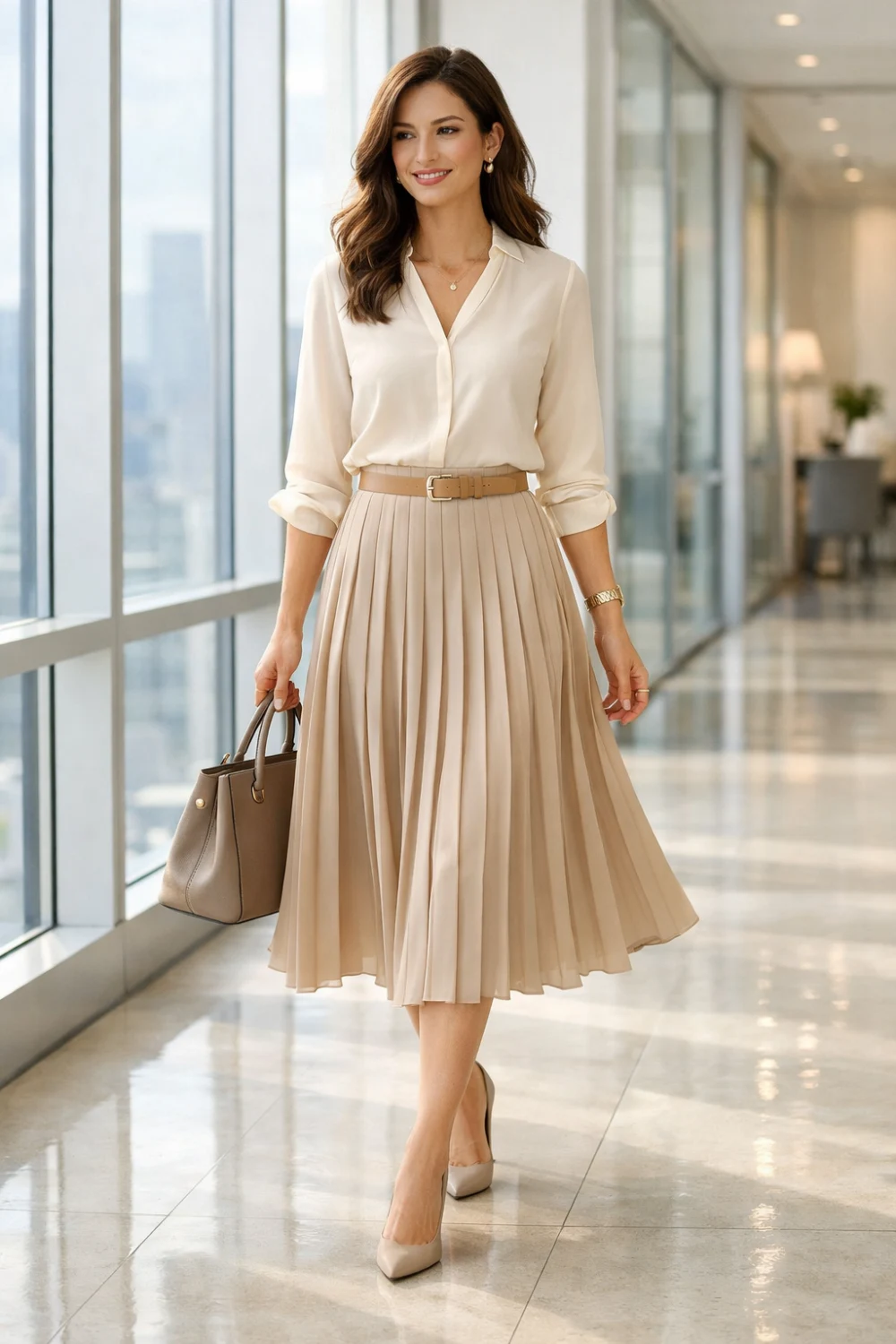 pleated midi skirt with blouse professional office outfit idea women elegant workwear fashion