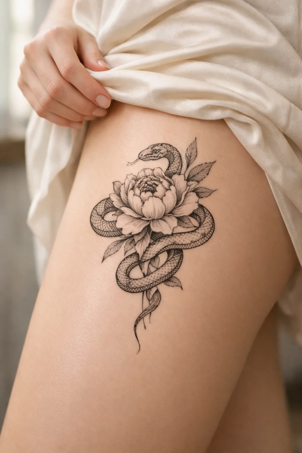 snake and flower thigh tattoo for women detailed feminine serpent floral tattoo design