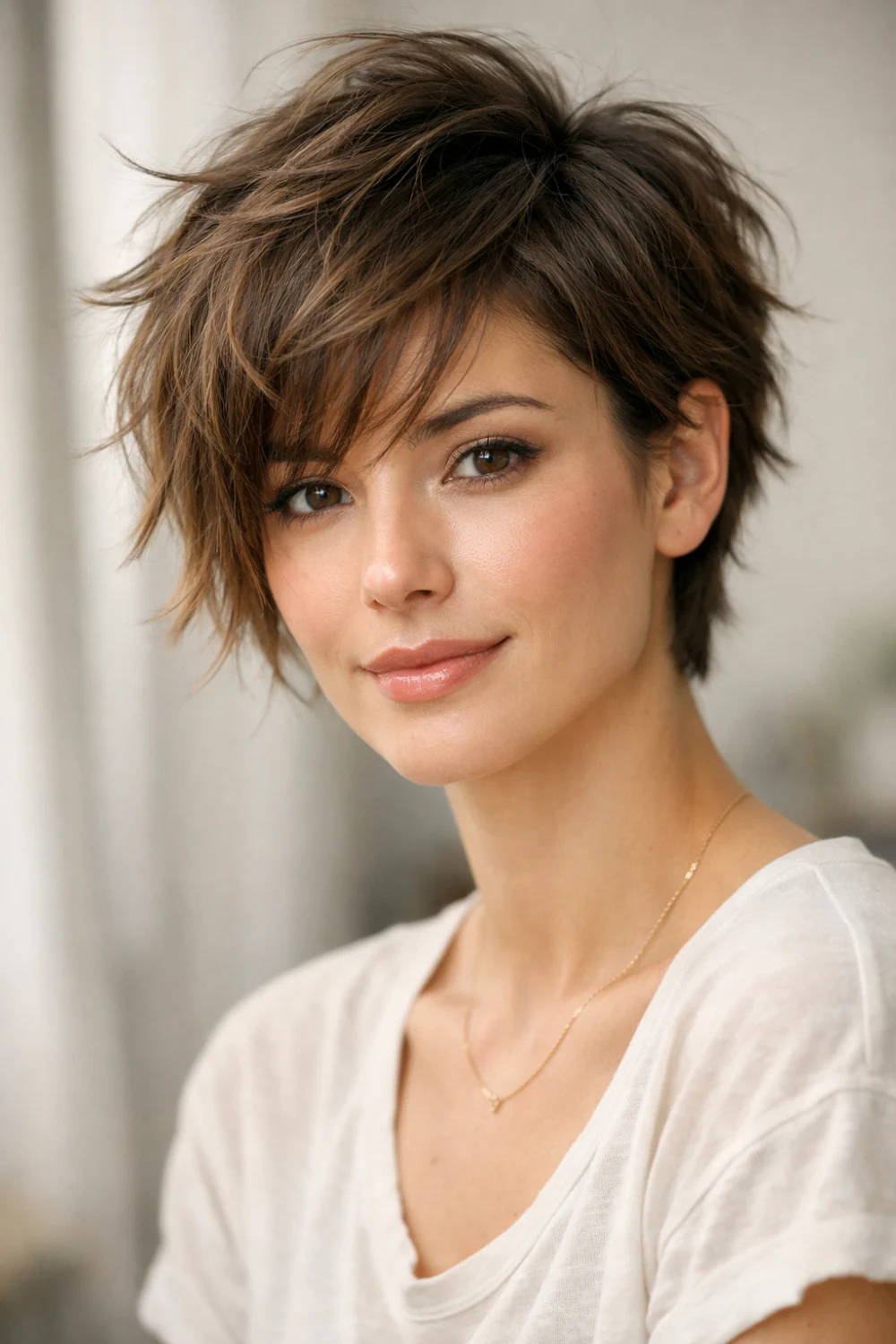 textured short pixie cut hairstyle with layered messy modern stylish short hair look