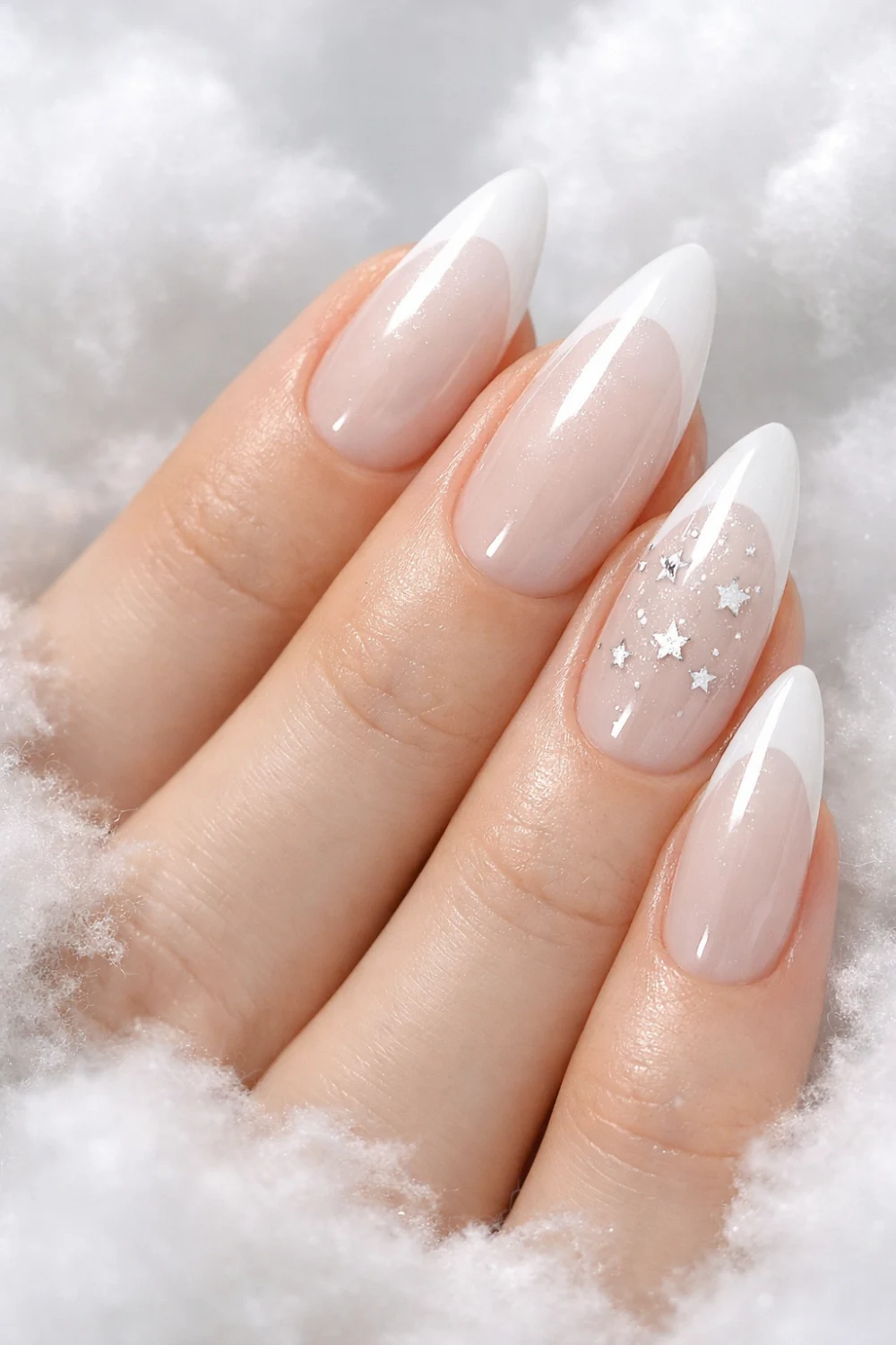 milky white ombre nails with star glitter soft minimal nails aesthetic