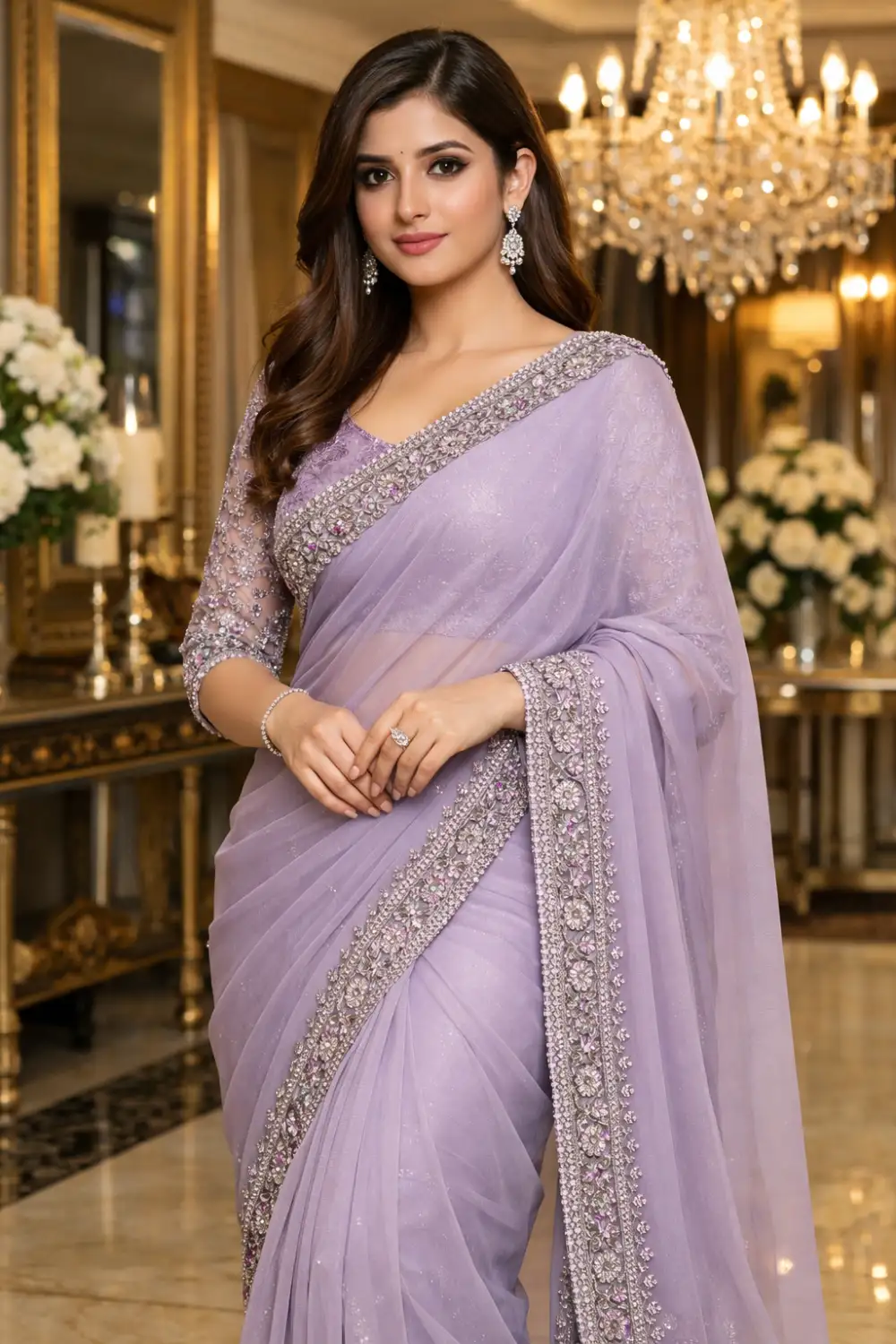 lavender luxury net saree heavy embellished border designer wedding guest party wear saree look