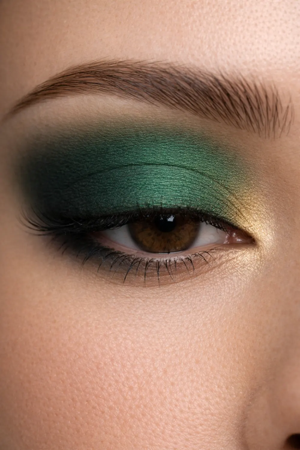 Emerald green eyeshadow look for brown eyes close up with rich green lid and gold inner corner dramatic glam eye makeup inspiration