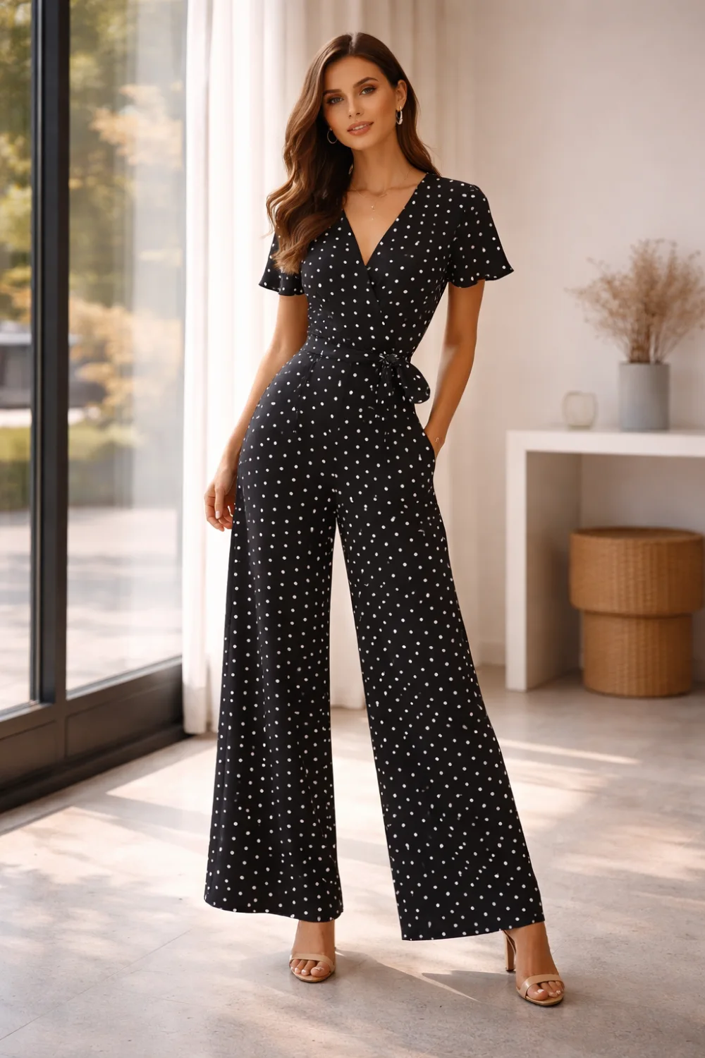 woman wearing black polka dot wide leg jumpsuit with v neckline and heels, elegant evening outfit with flowy silhouette and stylish modern fashion look