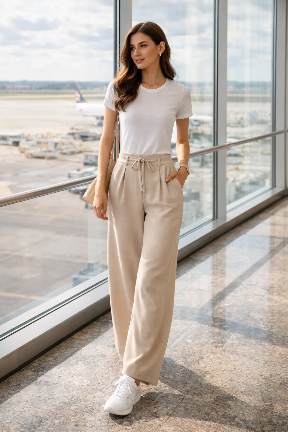 white tee and wide leg trousers airport outfit idea elegant travel style neutral airport fashion look