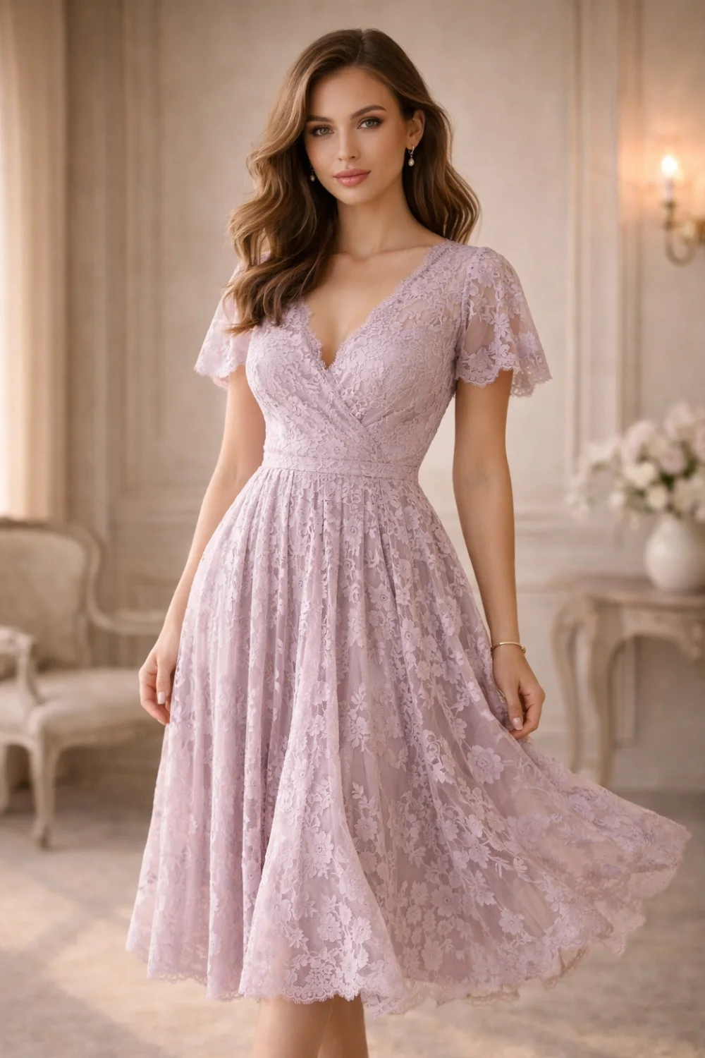 lavender lace midi dress bridal shower guest outfit elegant feminine party style