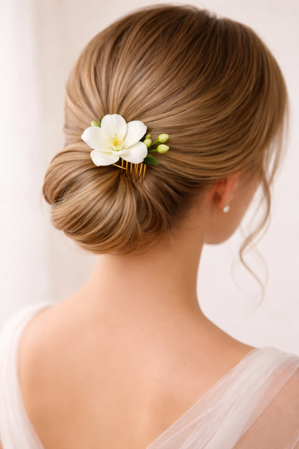minimal white flower hair comb placed in smooth elegant bridal low bun simple wedding hairstyle idea for brides who love clean and minimalist bridal hair