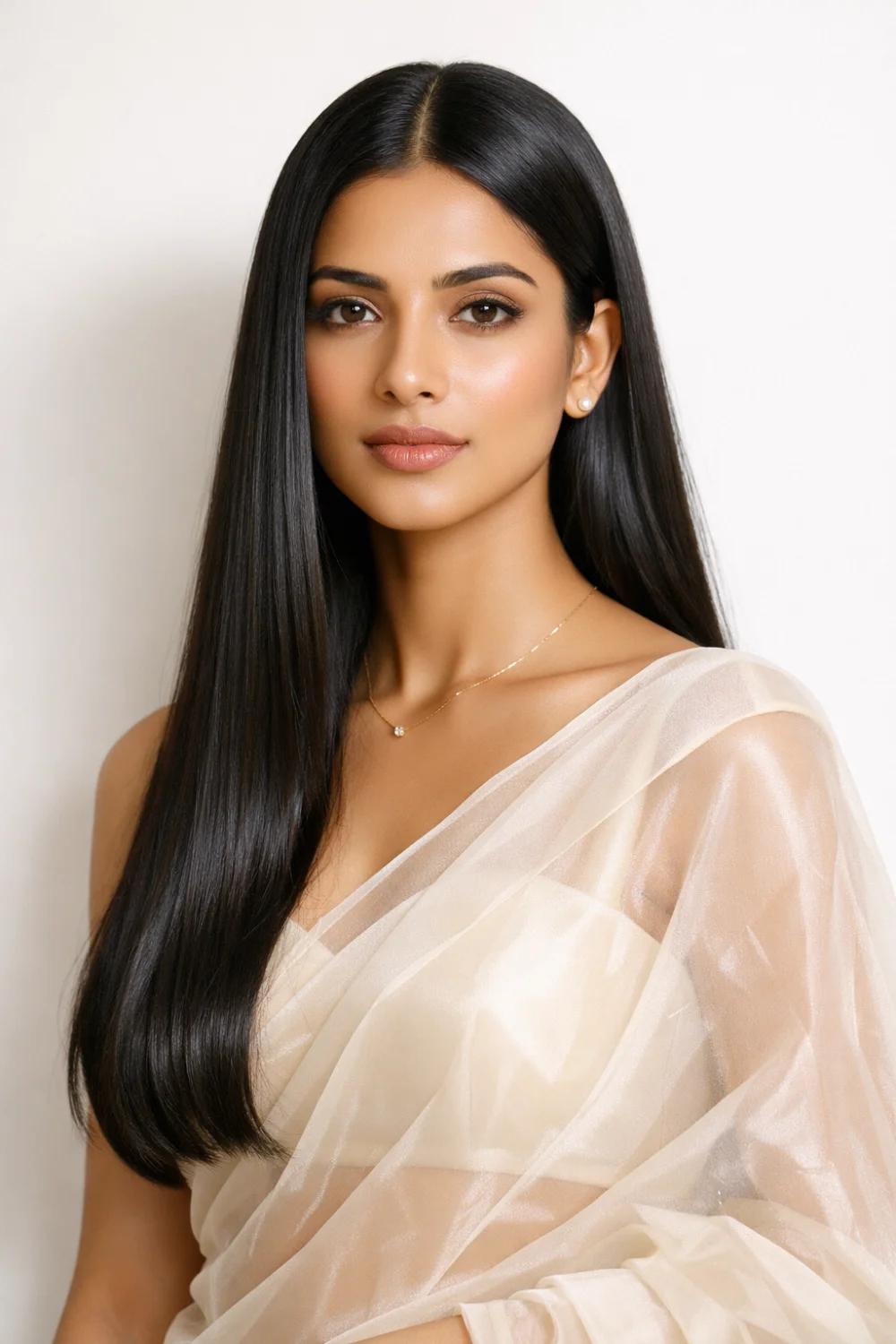 Indian woman wearing a light saree styled with sleek straight hair and middle part, glossy smooth hair creating a minimal elegant hairstyle for modern saree fashion.
