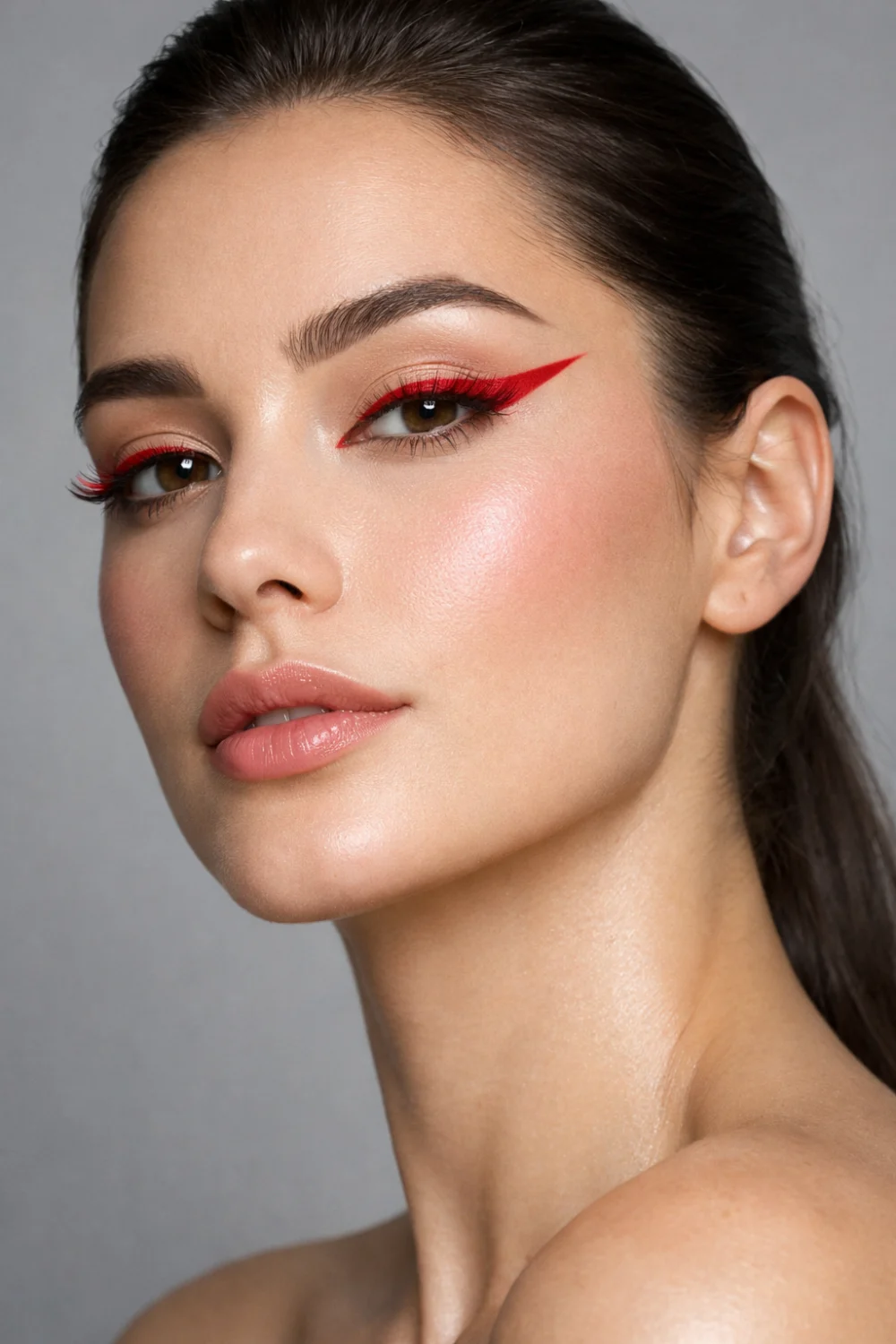 Bold cherry red winged eyeliner makeup look with glowing skin natural lips and defined brows creating a modern edgy beauty style perfect for trendy makeup inspiration