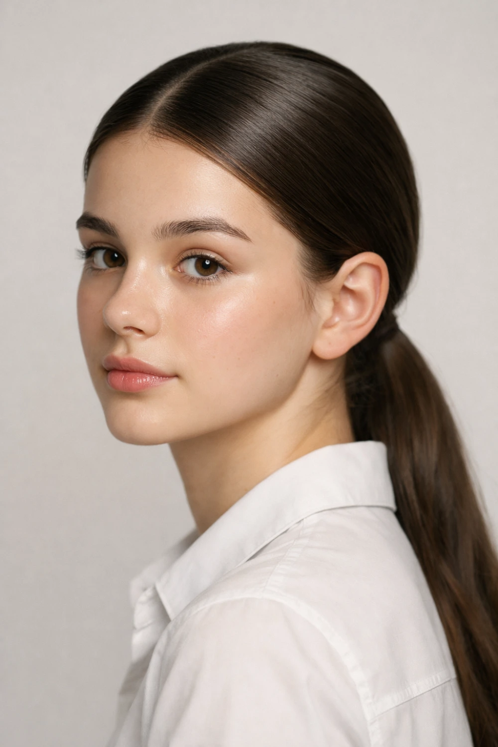 Low sleek ponytail hairstyle for school girls with smooth straight hair tied at the nape, elegant everyday school hairstyle idea that looks neat and stylish.