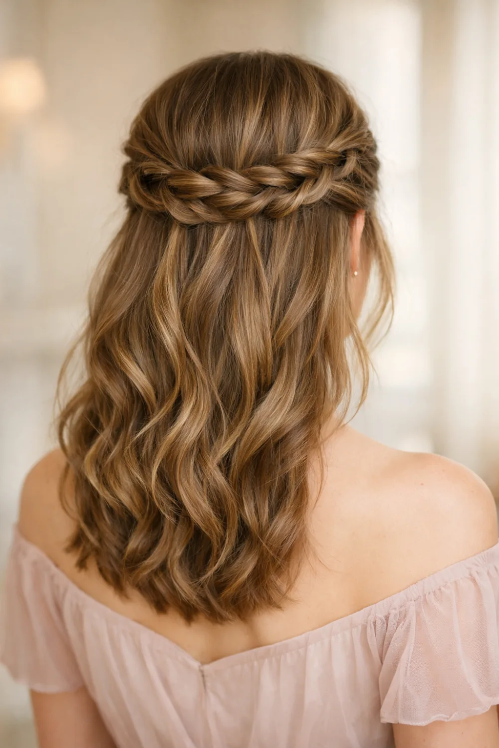 half up braided crown waves elegant updo hairstyle