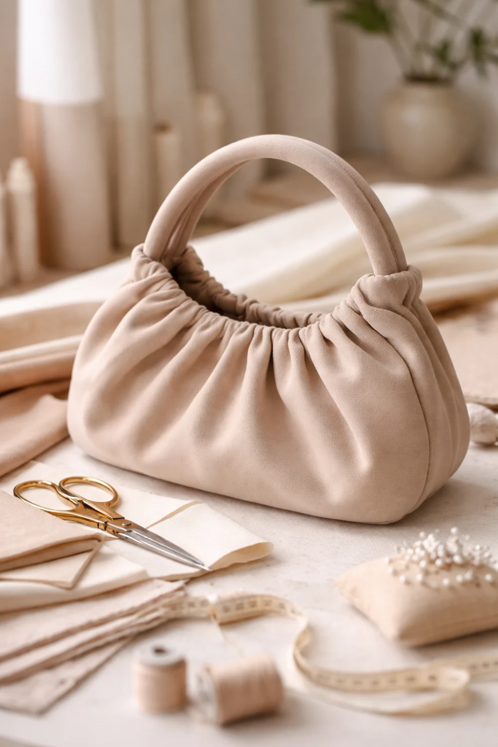 Soft gathered dumpling handbag sewing pattern displayed on a cozy sewing workspace with scissors, fabric pieces and measuring tape, trendy DIY bag idea popular on Pinterest