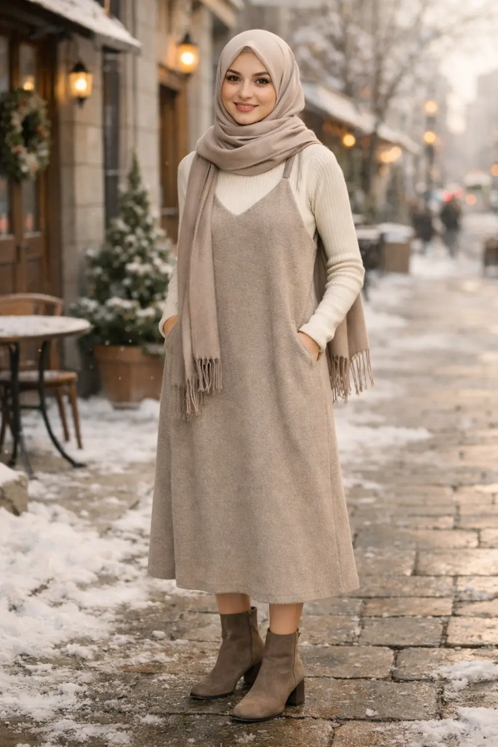 Layered modest outfit featuring a sleeveless dress worn over a turtleneck sweater, creating a stylish and cozy winter modest fashion look.