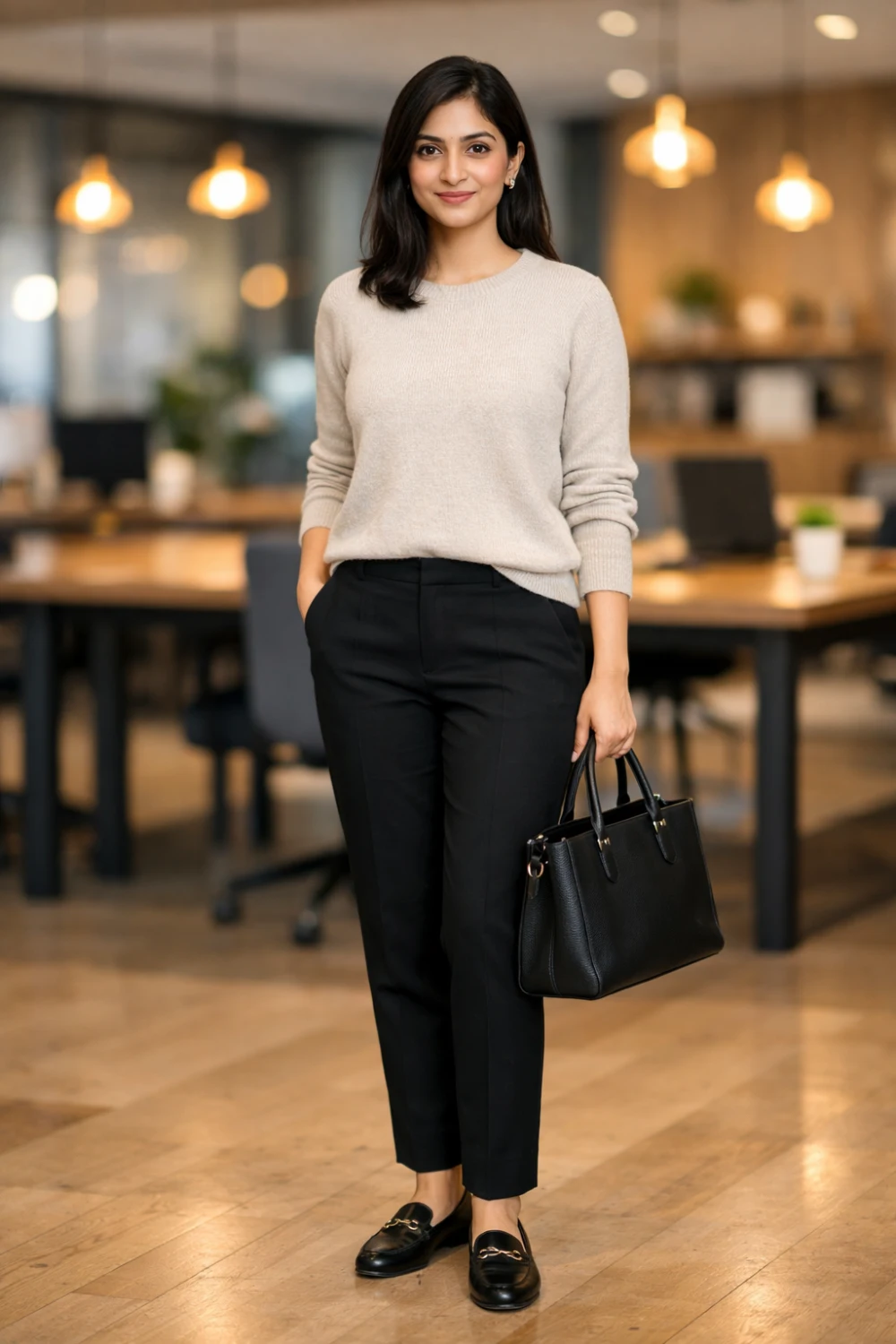 neutral sweater black tailored pants business casual career outfit women