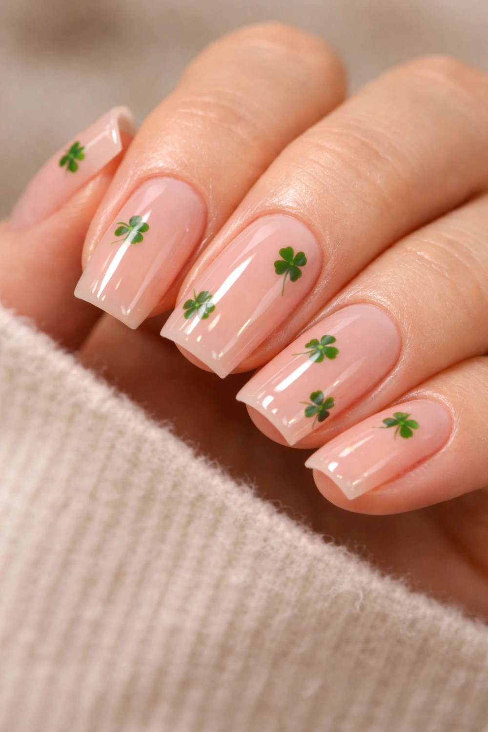 nude nails with green clover nail art st patricks day manicure