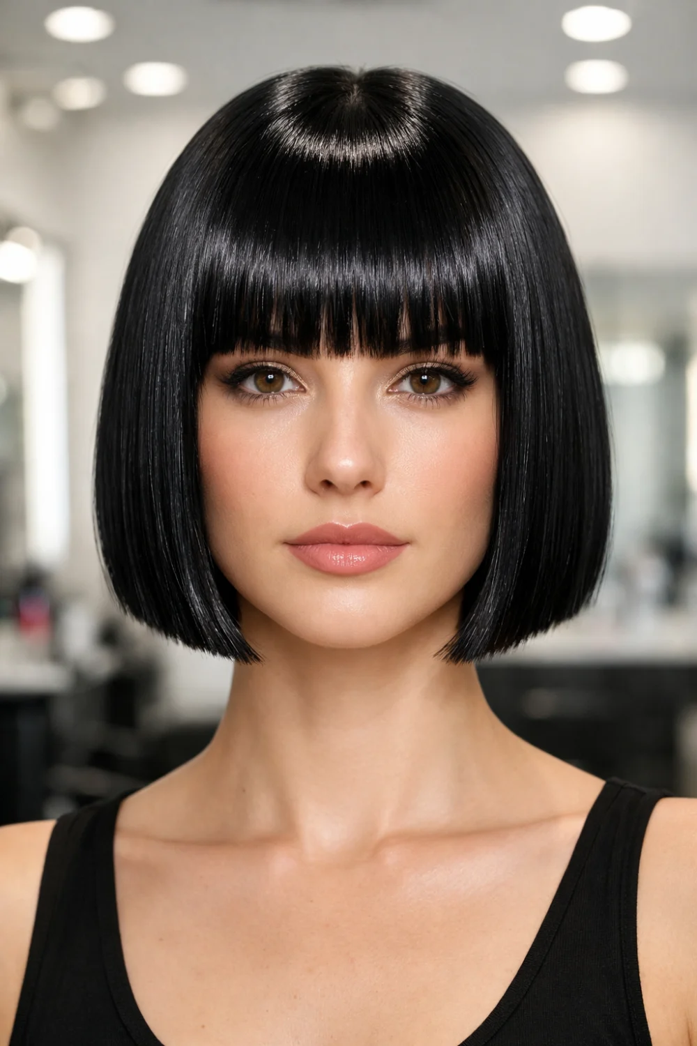 blunt bob with full bangs front view sleek straight short hair, ultra glossy precision bob haircut, modern chic hairstyle