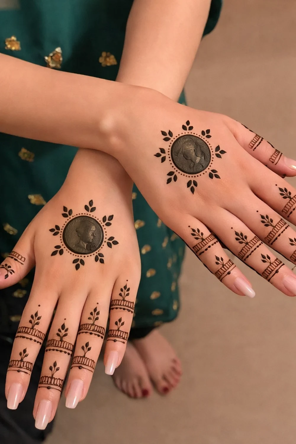 minimal mandala mehndi design with circular center pattern and simple finger bands elegant modern henna style