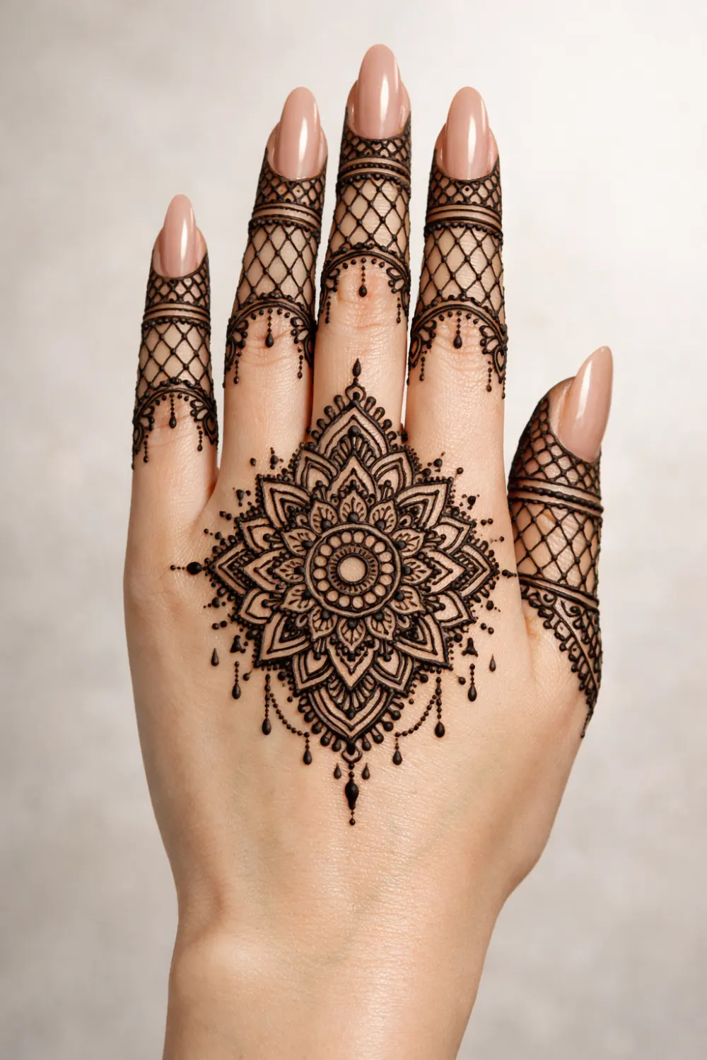 intricate royal mandala arabic mehndi design with finger net heavy bridal back hand mehndi