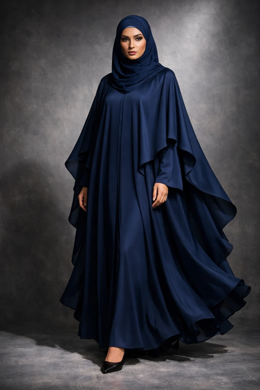 midnight blue cape style abaya dramatic flowing modest fashion outfit luxury abaya inspiration