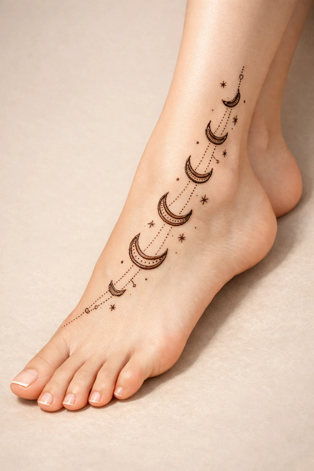 Crescent moon mehndi pattern with stars along the foot