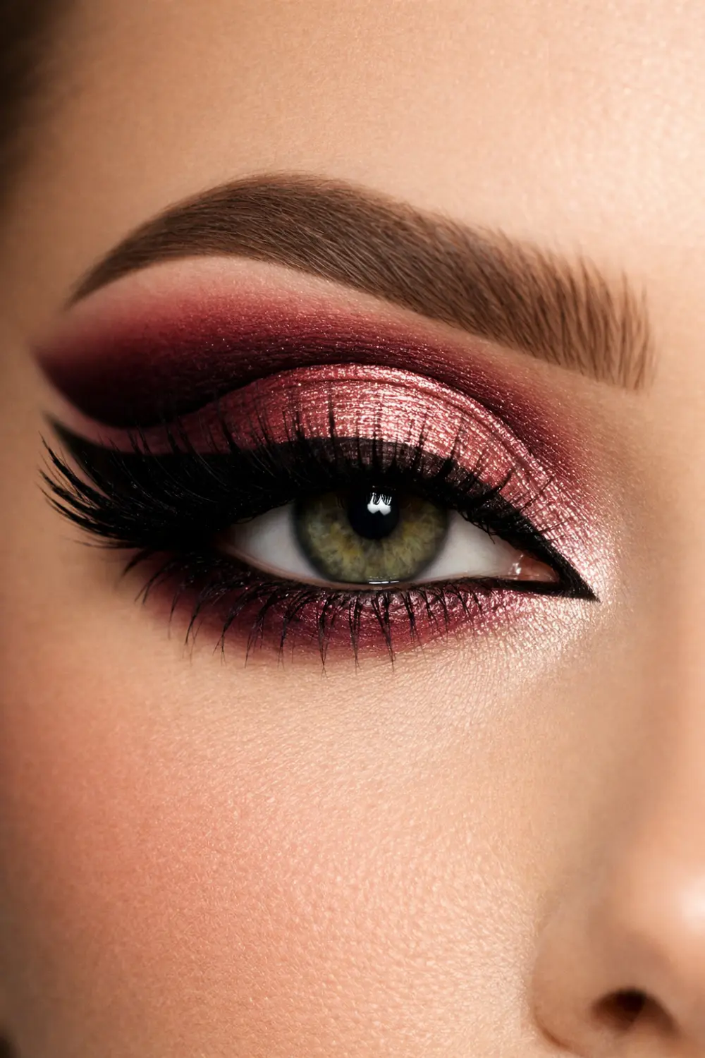 berry rose metallic eyeshadow for green eyes with deep berry outer corner dramatic shimmer glam eye makeup