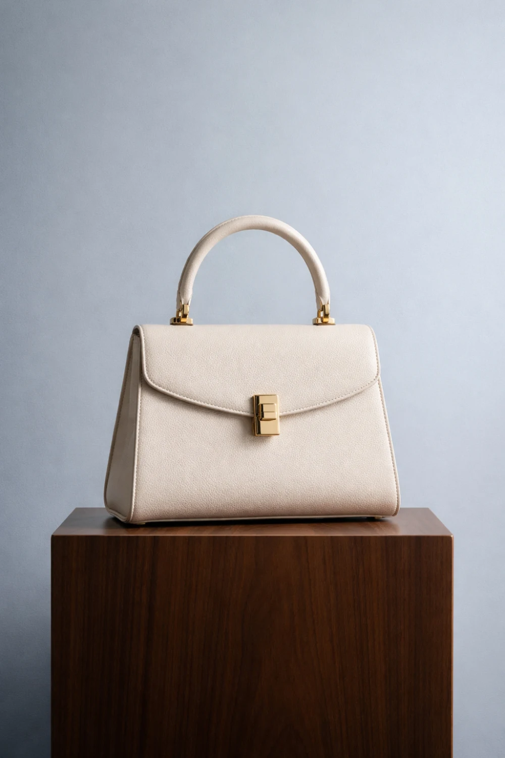 Ivory structured leather handbag with gold clasp on pedestal