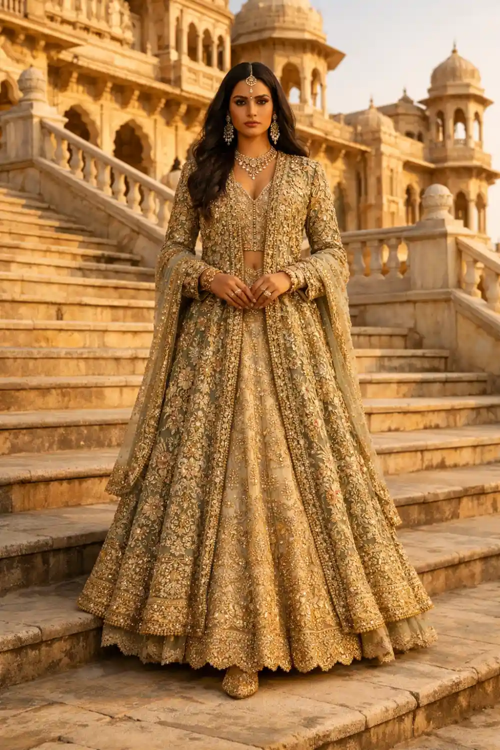 Royal gold embroidered lehenga with long jacket luxury Indian bridal outfit