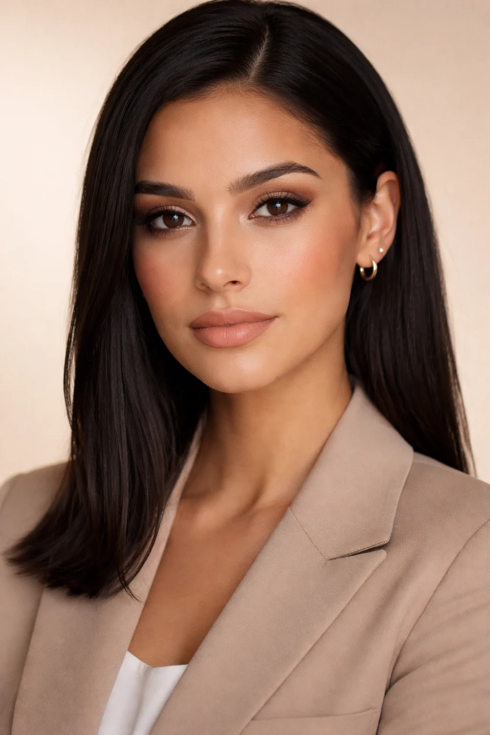 soft nude professional makeup look for work featuring nude lipstick, neutral eyeshadow, defined brows, and smooth natural skin