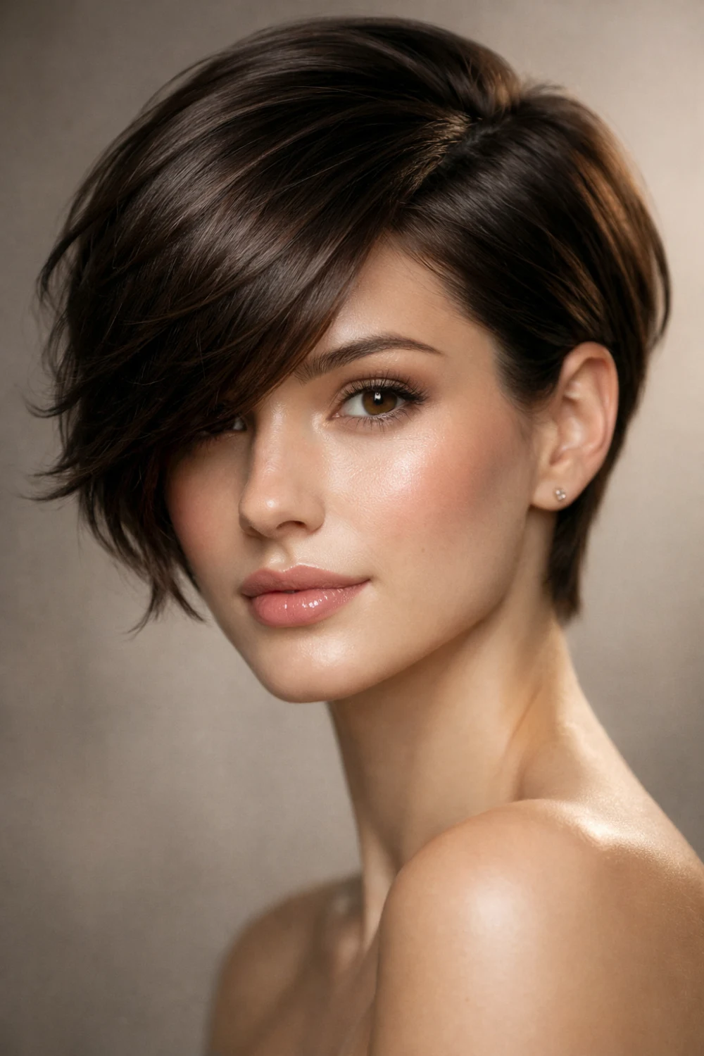 side swept pixie bob hairstyle modern stylish short hair with soft volume look