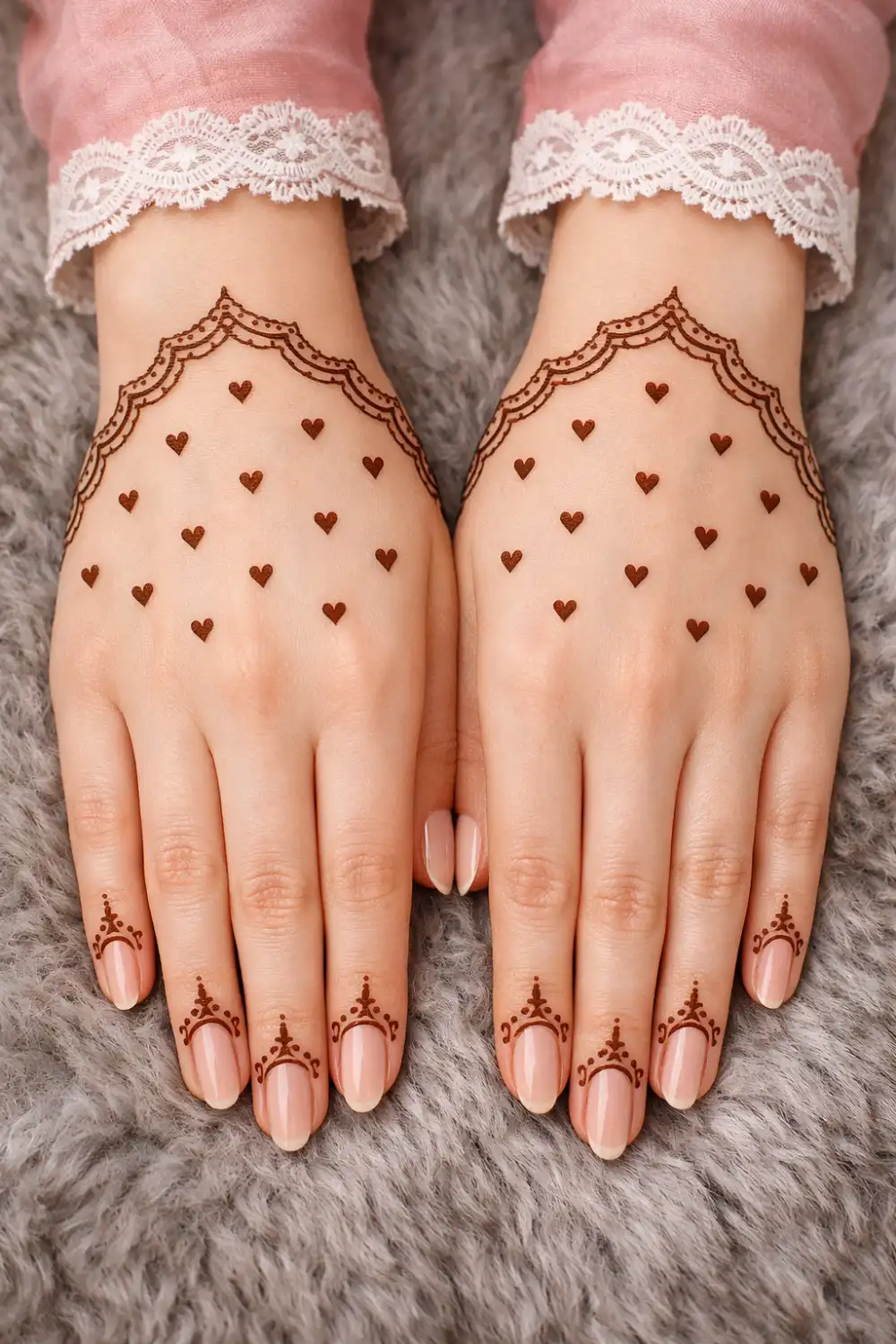 minimal heart mehndi design with scalloped wrist border and tiny hearts across hand elegant simple henna pattern