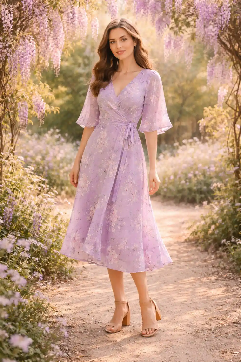 lavender wrap dress pastel spring outfit feminine soft aesthetic look