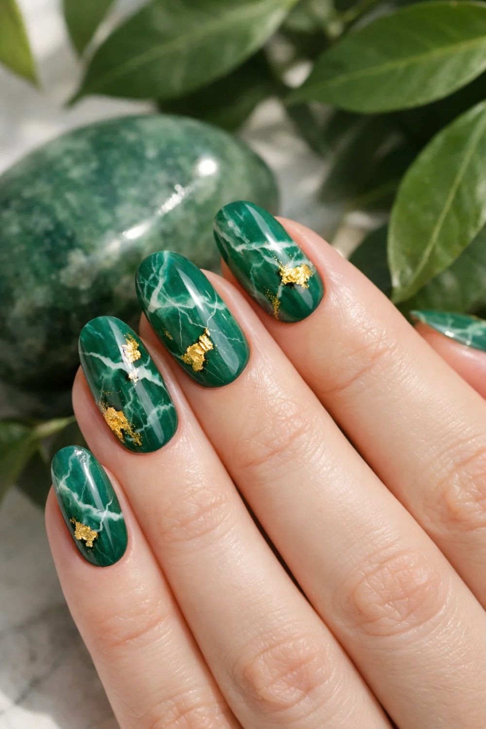 emerald green marble nails with gold foil luxury stone nail design