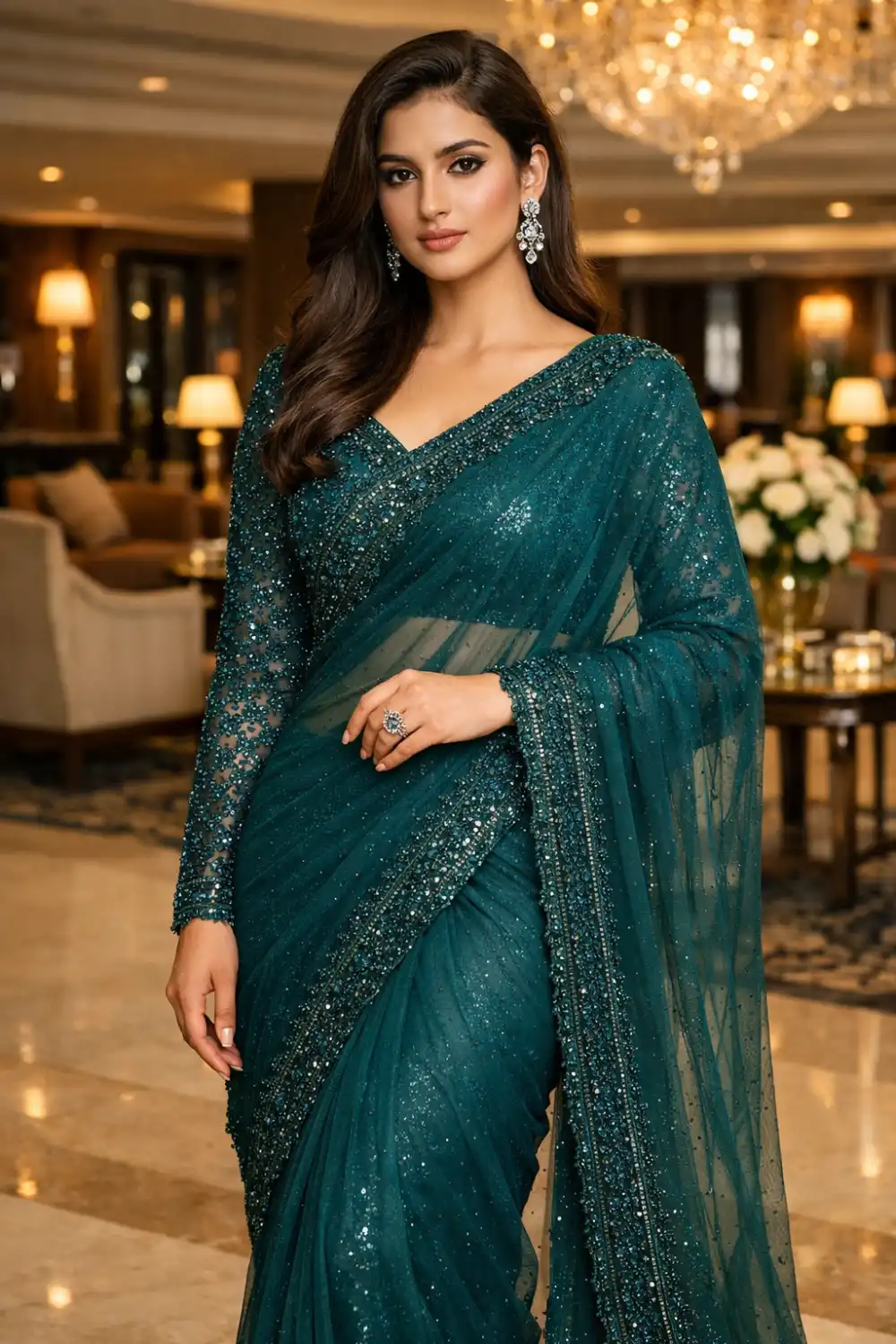 teal green shimmer luxury net saree elegant reception party wear designer saree outfit