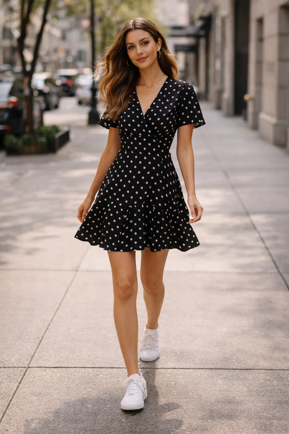 woman walking in black polka dot mini dress styled with white sneakers, casual summer outfit with playful street style and youthful fashion look