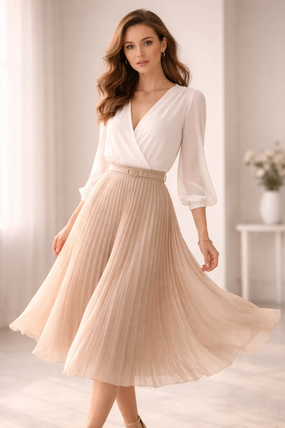 chiffon blouse pleated midi skirt bridal shower guest outfit chic feminine style