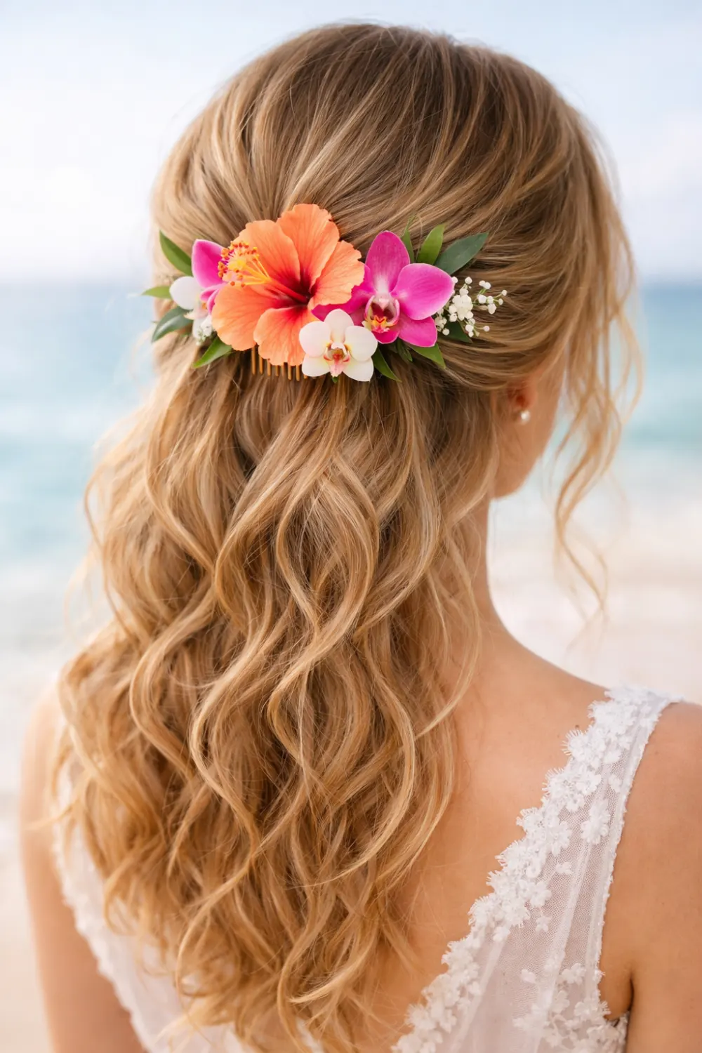 tropical floral hair comb with hibiscus and orchid flowers styled in soft beach waves destination wedding hairstyle inspiration for summer brides