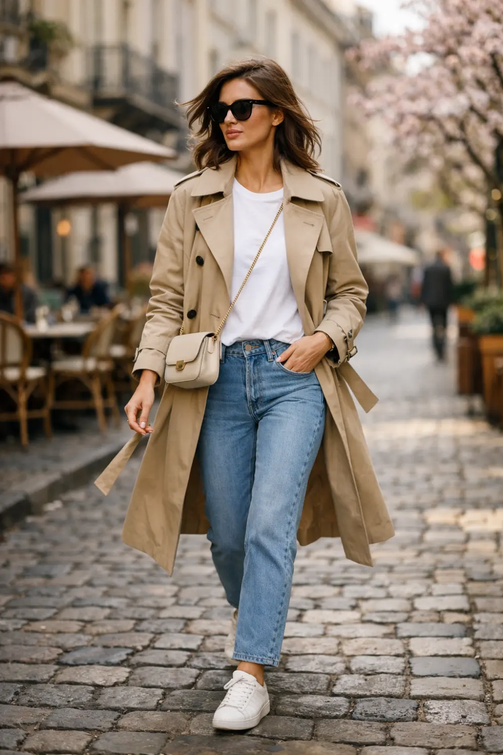 classic beige trench coat outfit with white tee blue jeans and sneakers stylish cold spring outfit idea casual chic city street style look
