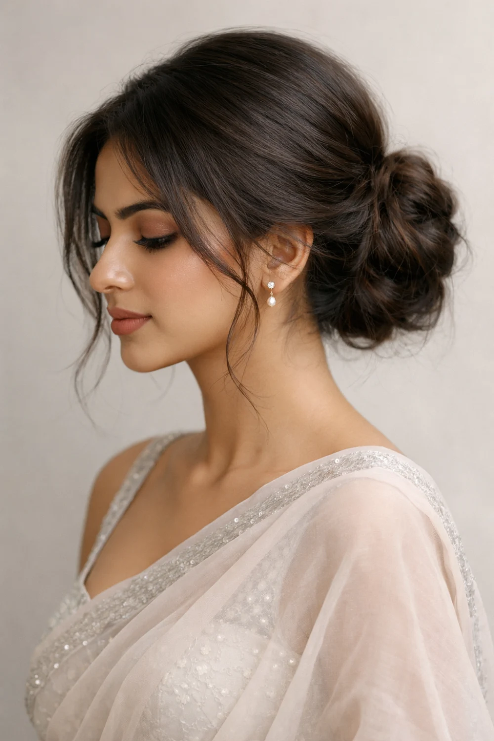 Elegant Indian woman wearing a saree with soft textured low bun hairstyle, loose face framing strands creating a romantic and graceful hairstyle for wedding or party.