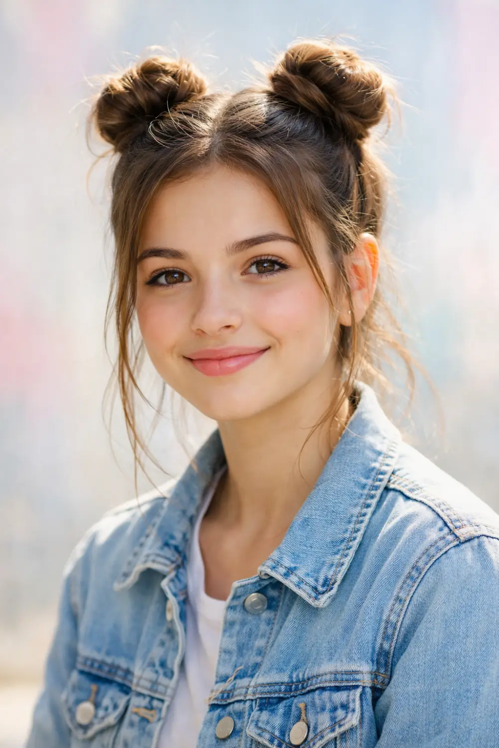 Cute space buns hairstyle for school girls with two small buns on top of the head, playful trendy hairstyle idea that keeps hair stylish and fun for school days.