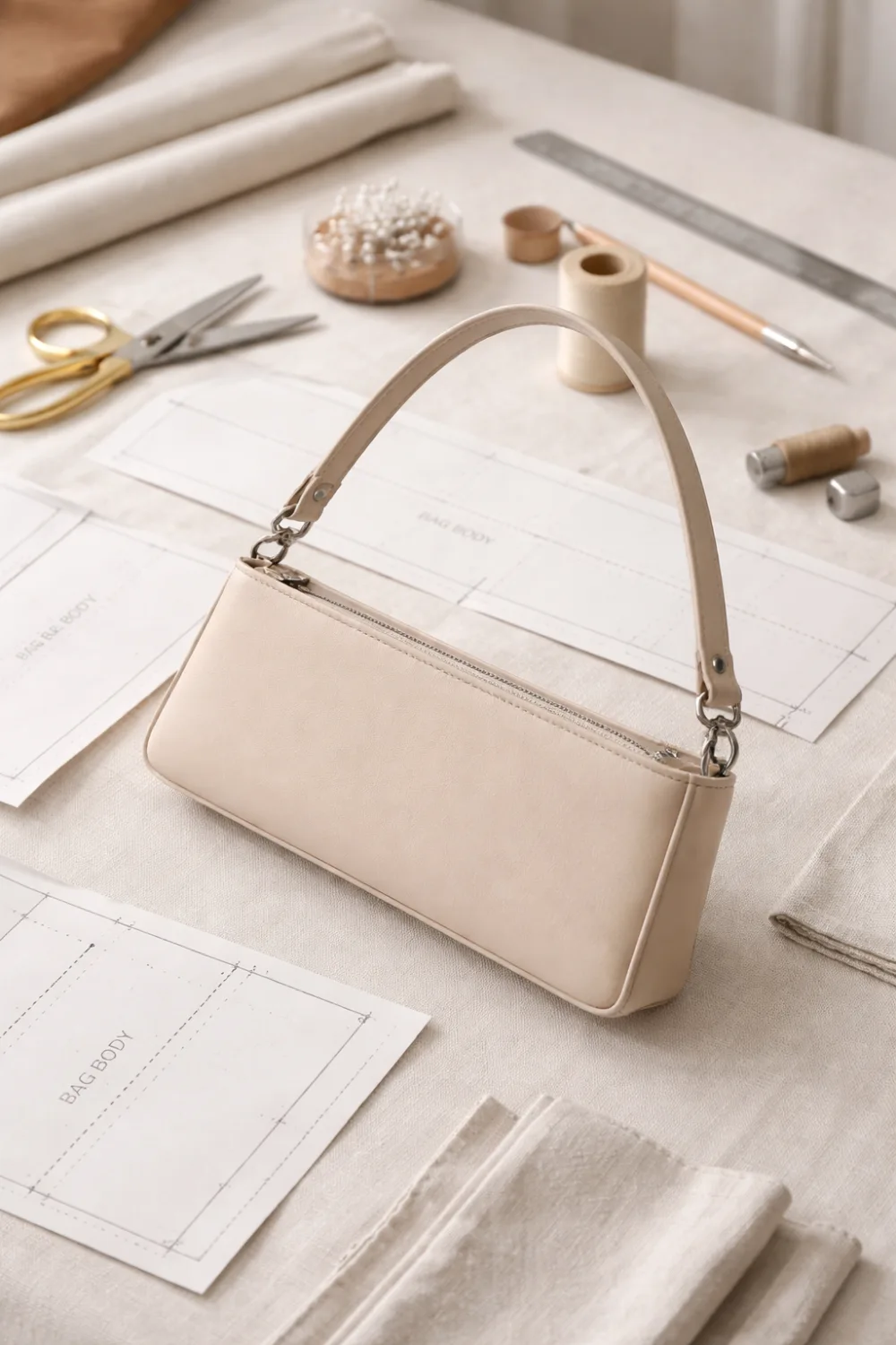 Minimalist baguette shoulder handbag sewing pattern displayed on a sewing workspace with pattern pieces, scissors and fabric materials, trendy DIY handbag idea for modern fashion