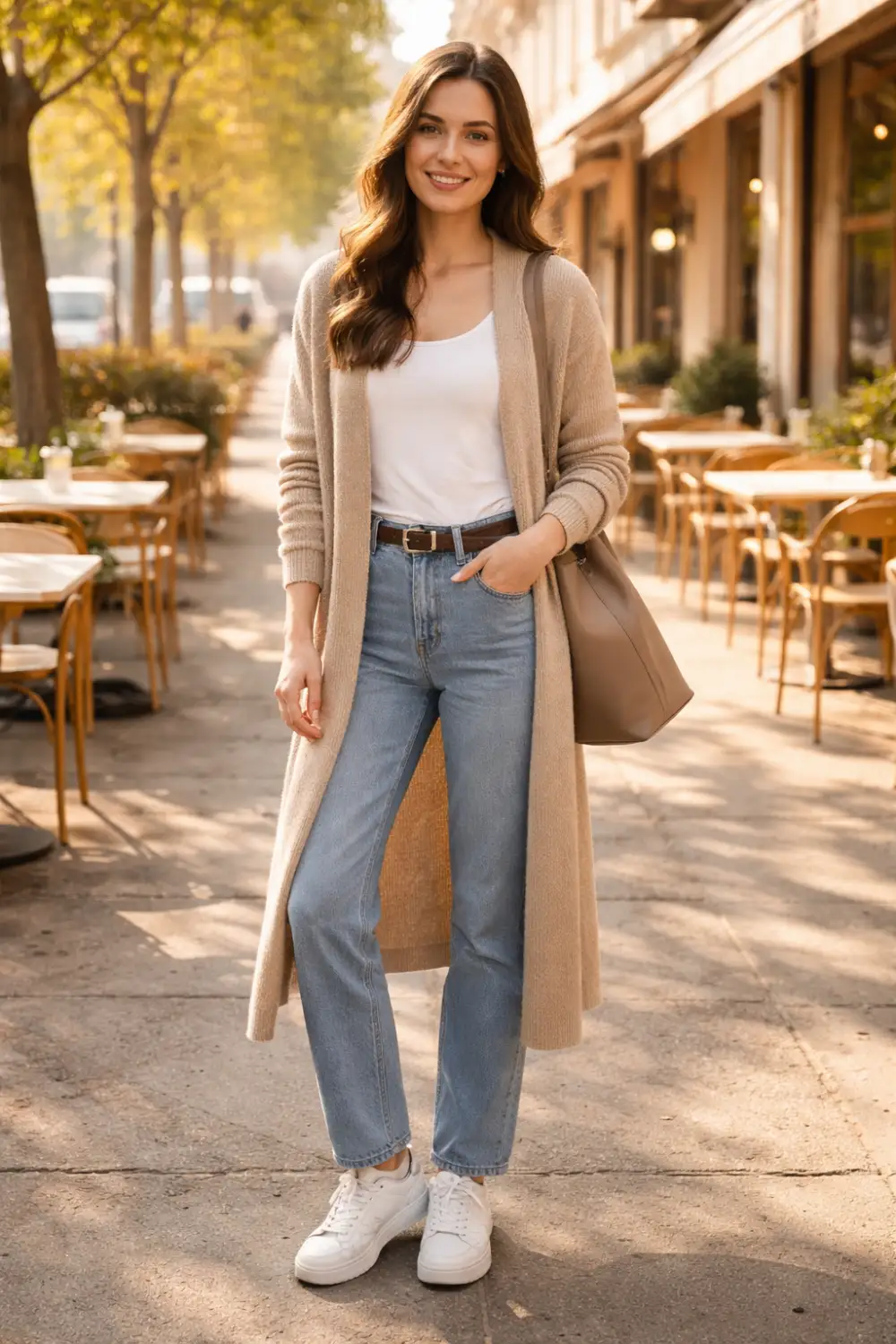 Casual modest outfit featuring a long cozy cardigan layered over jeans and a basic top, styled for a relaxed everyday modest fashion look.