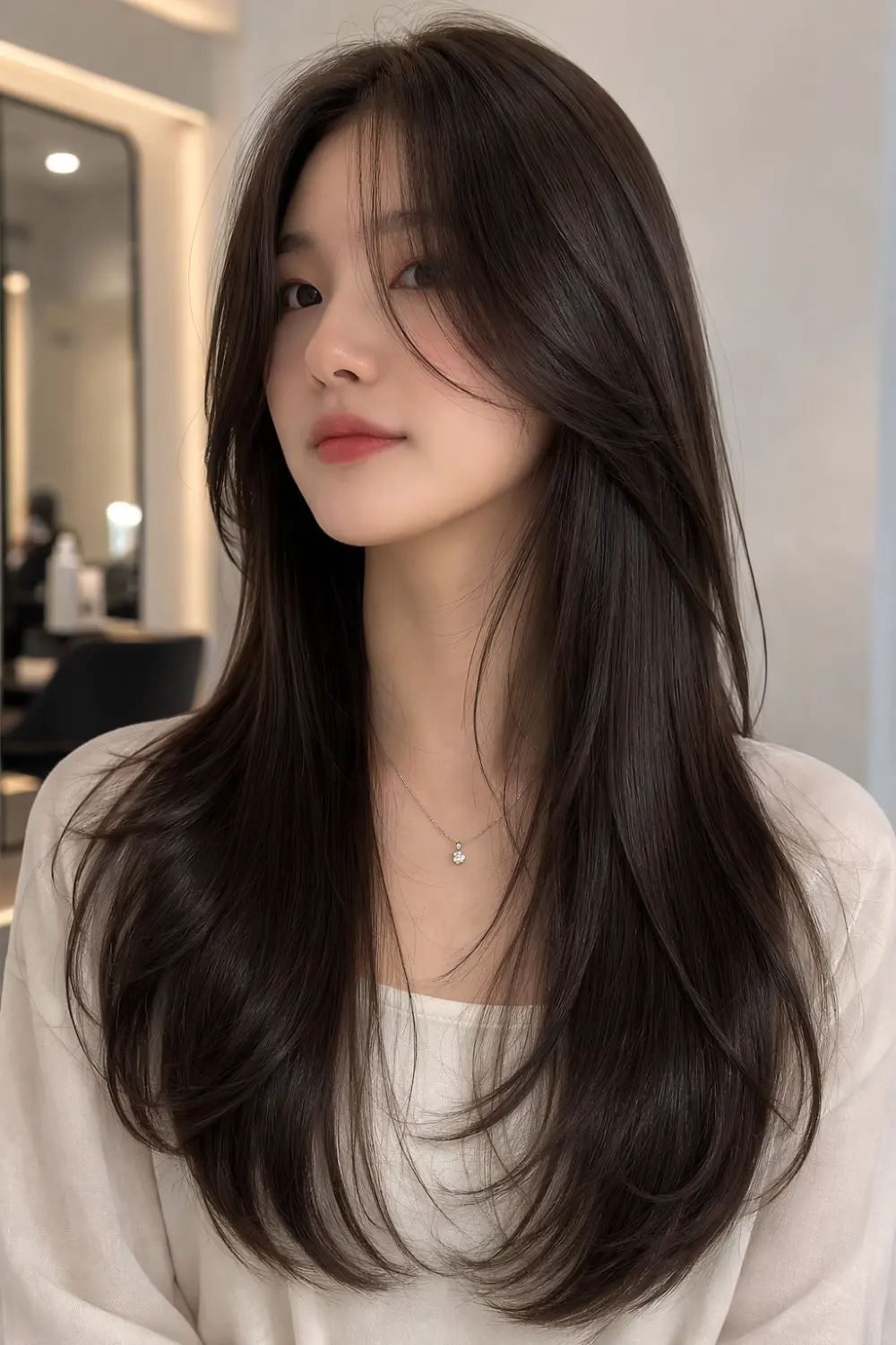 Korean long layered haircut front view with airy soft layers, silky glossy long hair, elegant salon haircut inspiration