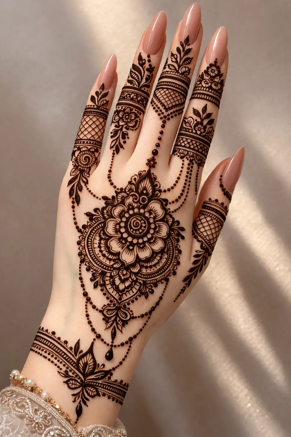 luxury bridal chain mandala arabic mehndi heavy jewelry style back hand mehndi design