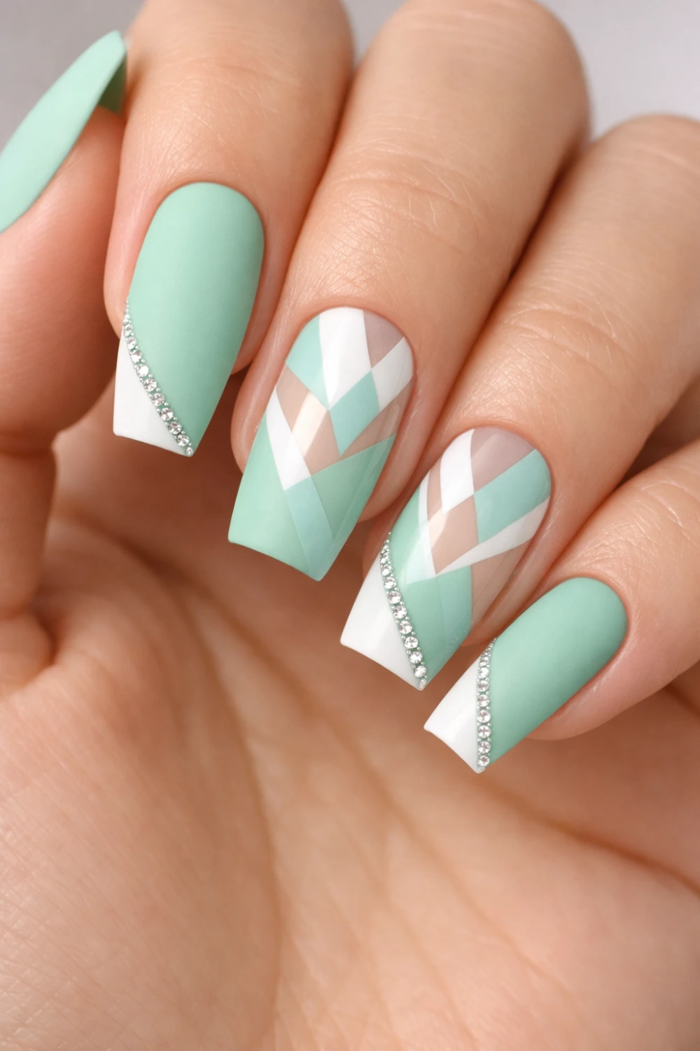 matte mint green nails with geometric nail art and angled french tips stylish modern matte manicure inspiration