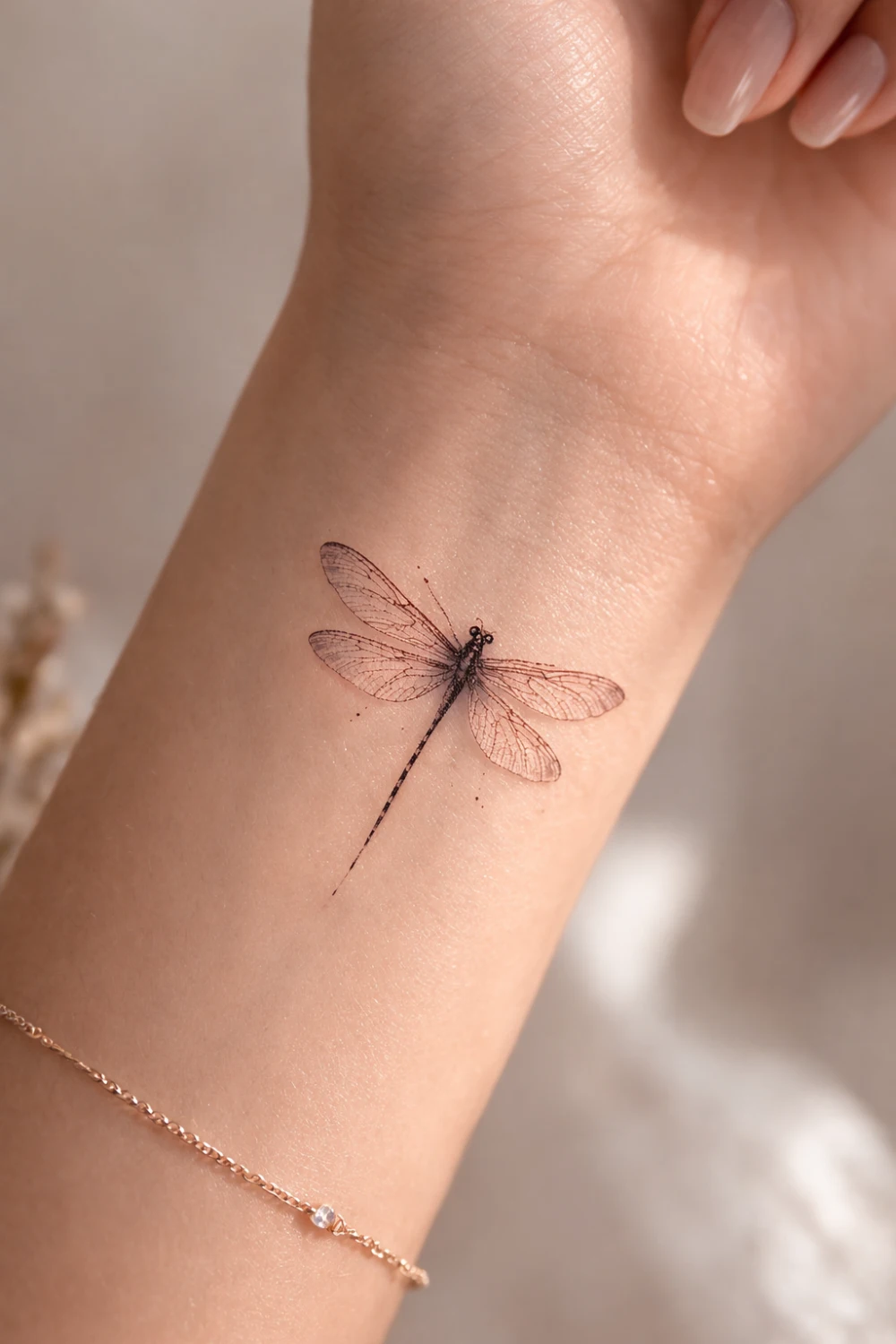 dragonfly wrist tattoo with detailed delicate wings in fine line style, elegant insect tattoo design symbolizing transformation freedom and positive change