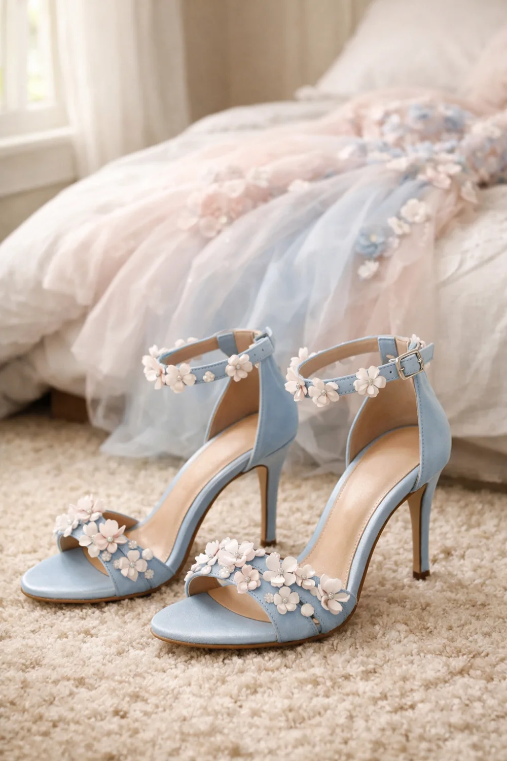 baby blue floral strap prom heels delicate flower embellished heels pastel prom shoes cute prom footwear idea